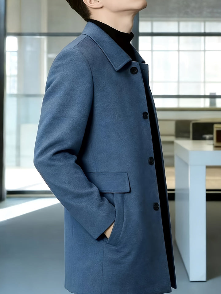 Detailed view of the coat's structured collar and lapels