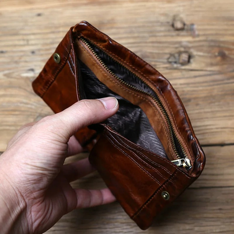 Full-Grain Leather Wallet Men's Compact Dual Closure Design