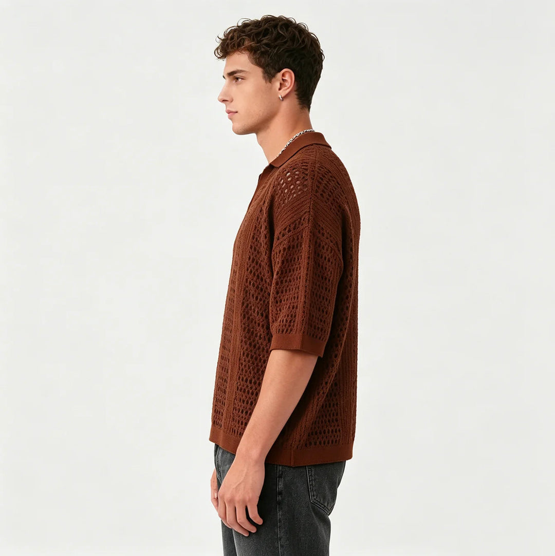 Men's Open-Weave Knit Polo Shirt Lightweight Breathable