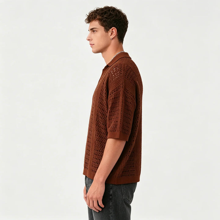 Men's Open-Weave Knit Polo Shirt Lightweight Breathable