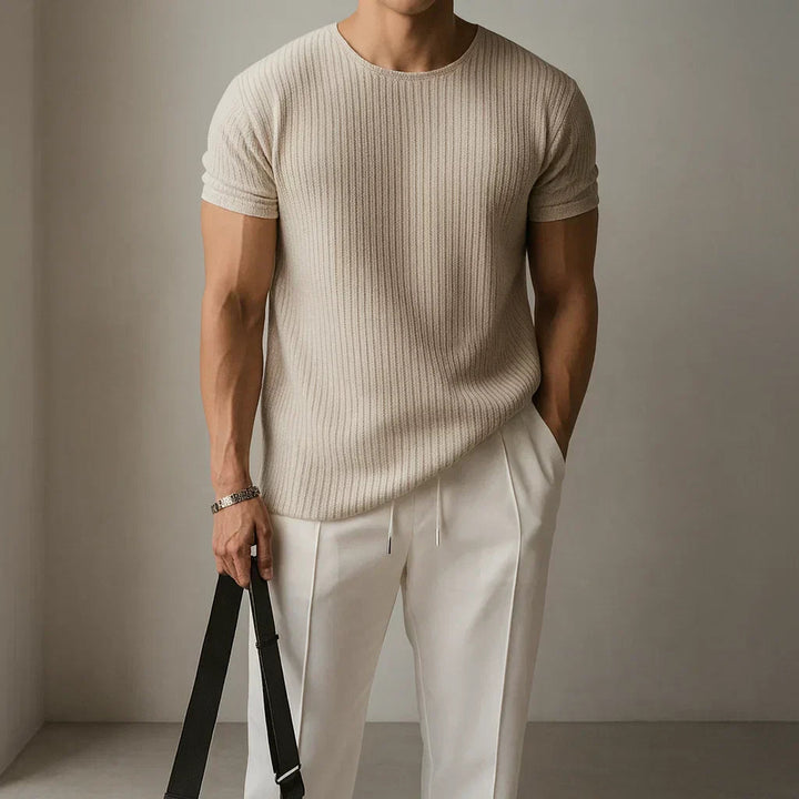Rib-Knit Crewneck Cuffed Sleeve T-Shirt