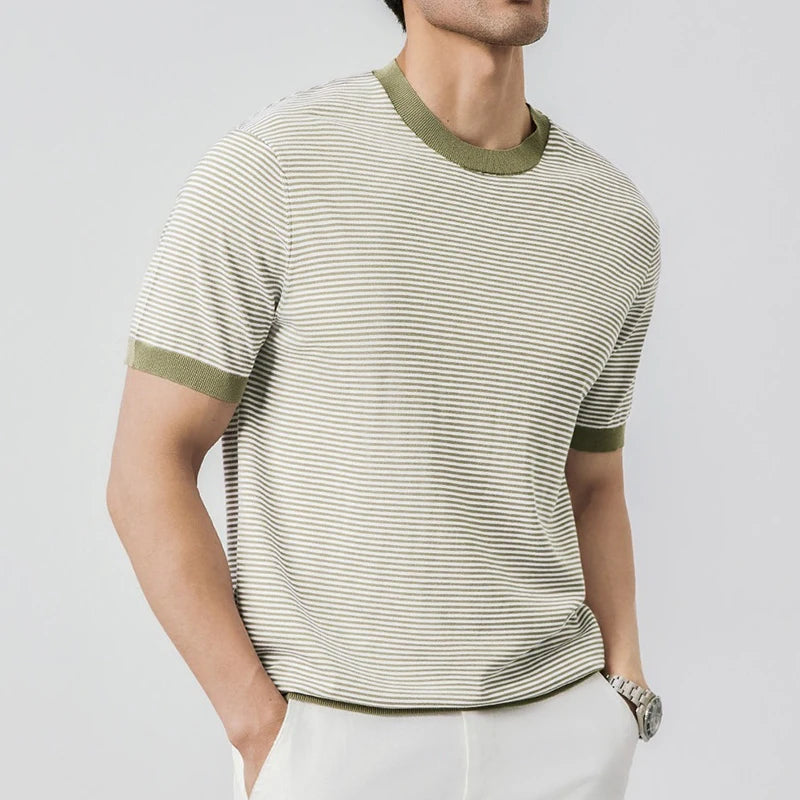 Men Striped Knit Slim-Fit T Shirt Navy Blue Green