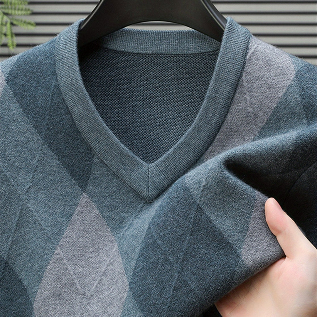 Back view of the men's argyle knitted jumper