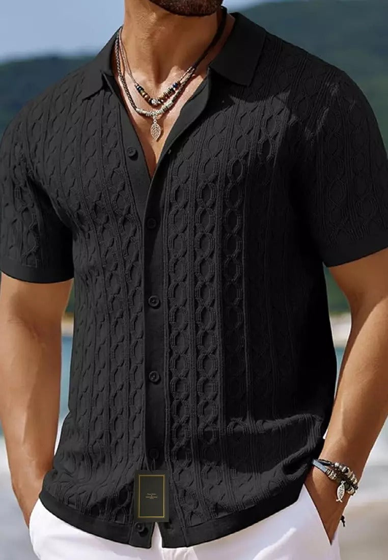 Structured Cable Knit Short-Sleeve Shirt