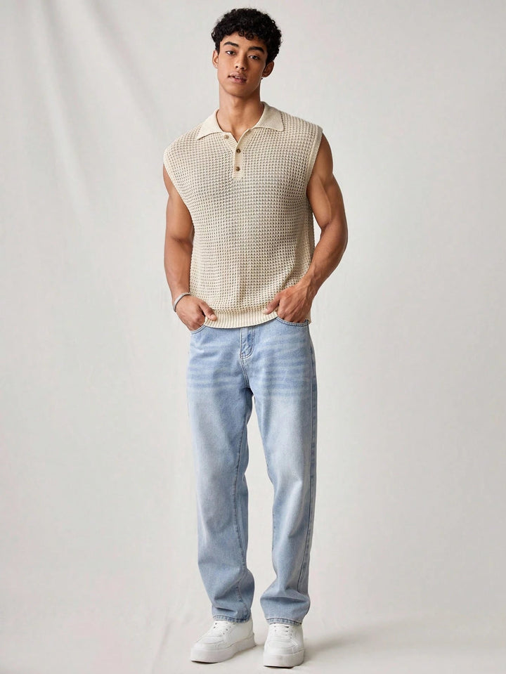 Men's Sleeveless Knit Polo Shirt Pointelle Detail Black