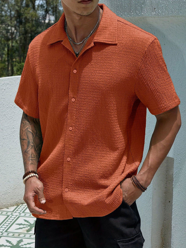 Men's Textured Cuban Collar Button-Front Shirt