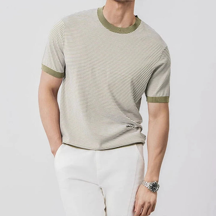 Men Striped Knit Slim-Fit T Shirt Navy Blue Green
