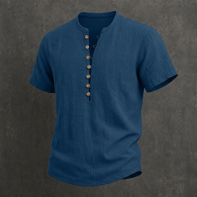 Detail of the short sleeve and linen fabric texture on the men's shirt