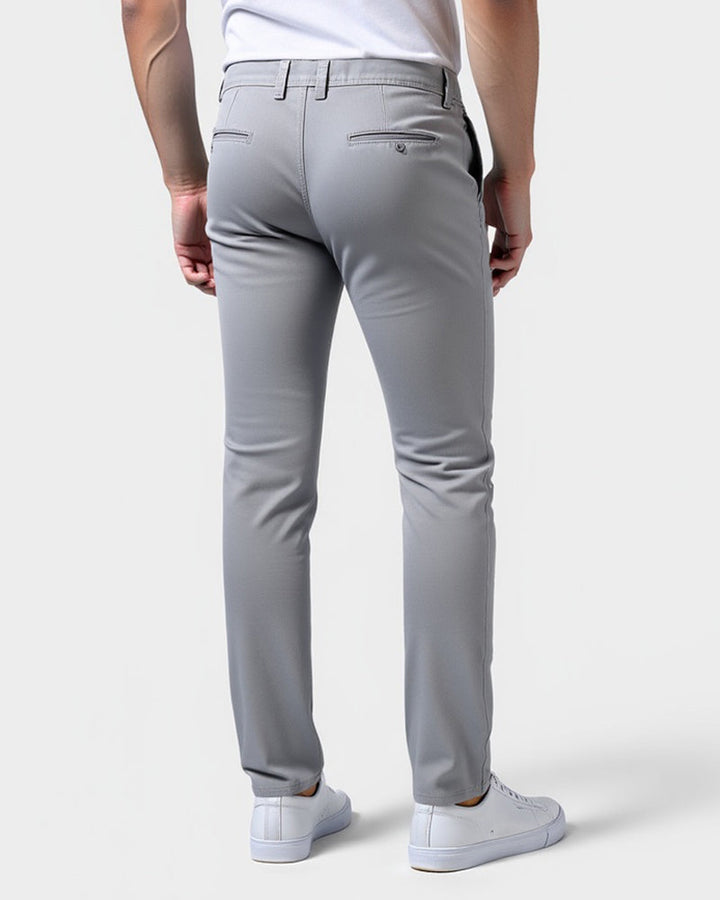 Side view of men's slim fit tapered everyday chinos