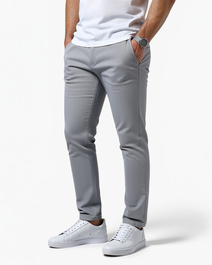 Men's slim fit tapered chinos shown from the front
