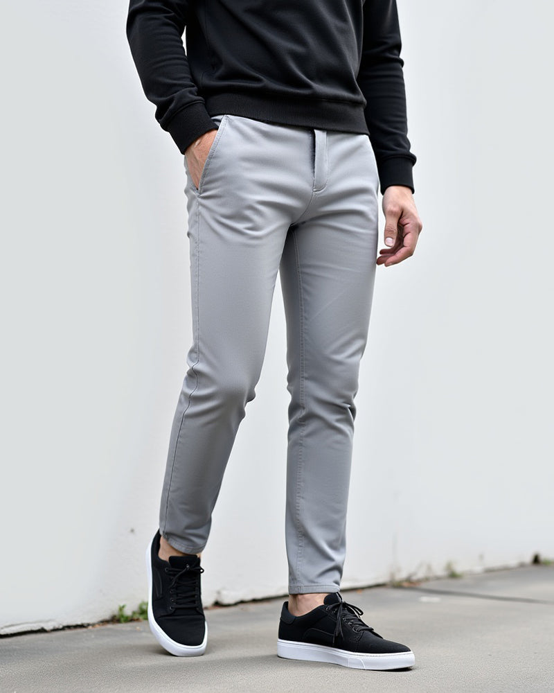 Men's slim fit tapered chinos shown from the back