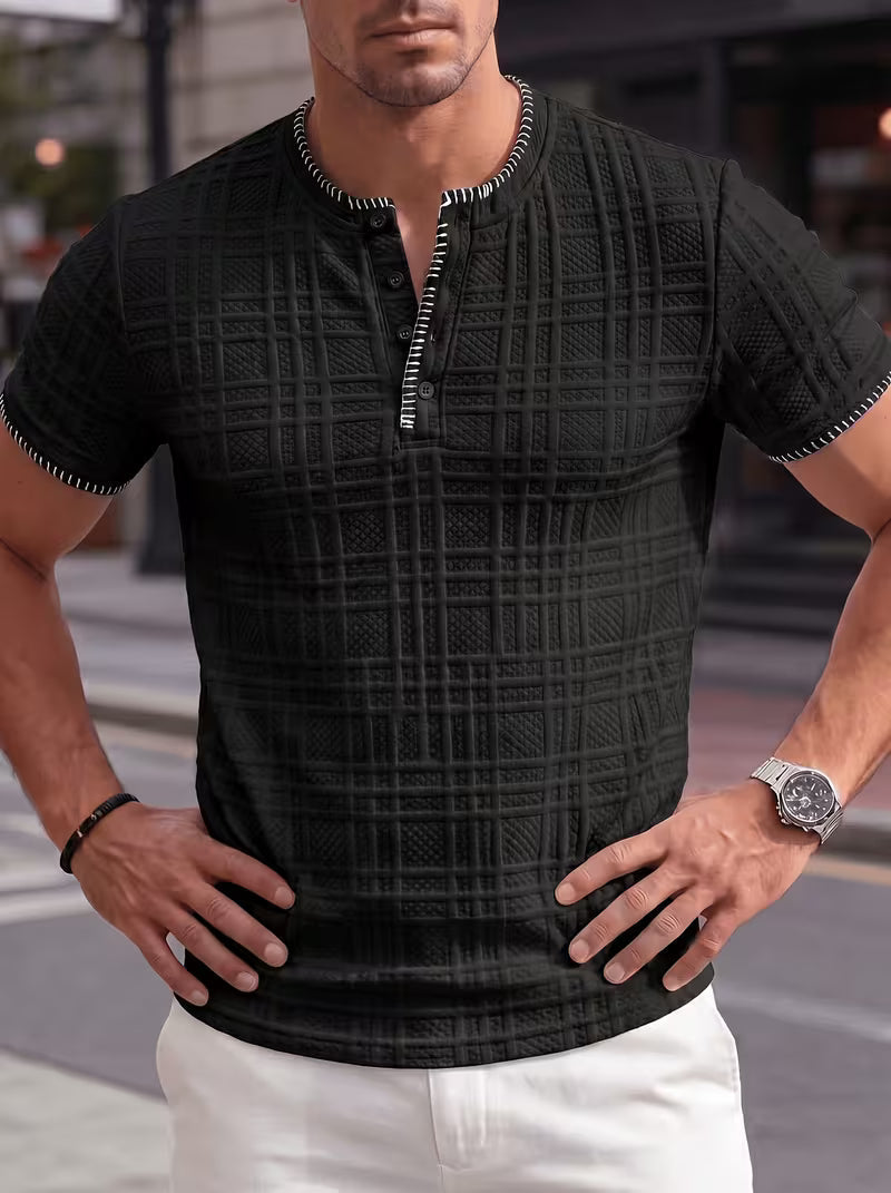 Men's short sleeve textured Henley T-shirt styled on a model