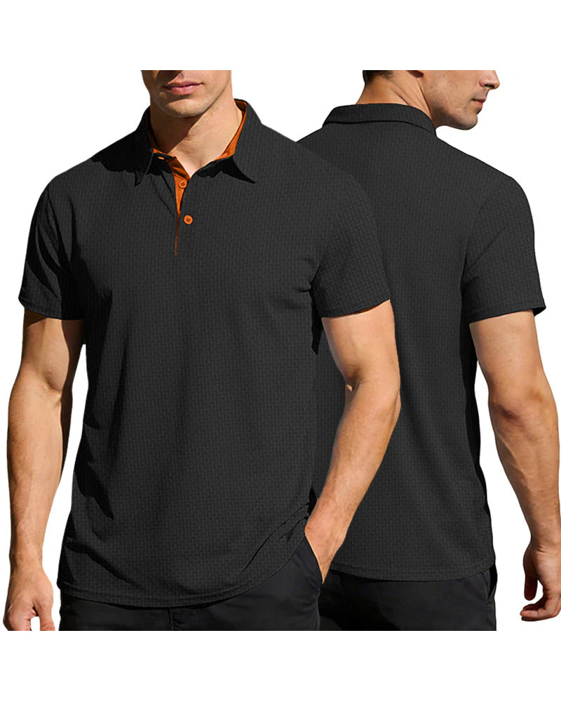 Solid colour men's polo shirt side view with short sleeves