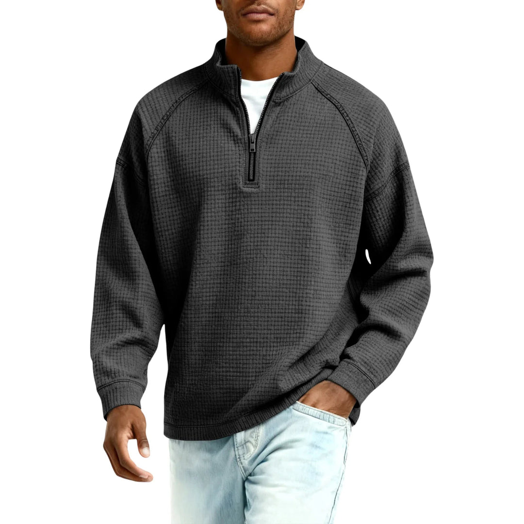 Men Waffle Knit Quarter Zip Pullover Loose Fit Casual Top