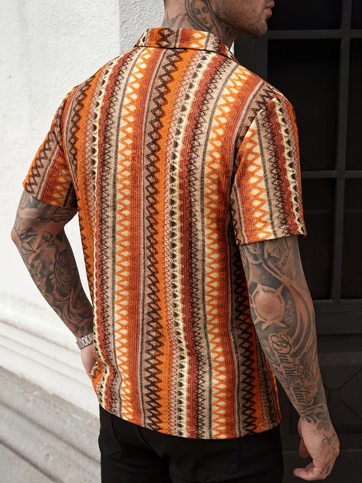 Men's Aztec jacquard polo shirt worn by a model back view