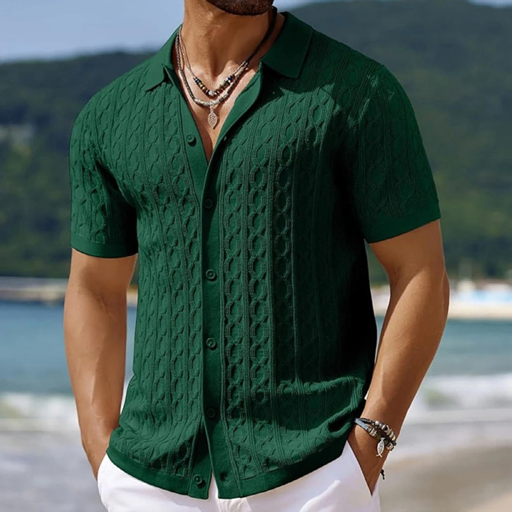 Structured Cable Knit Short-Sleeve Shirt