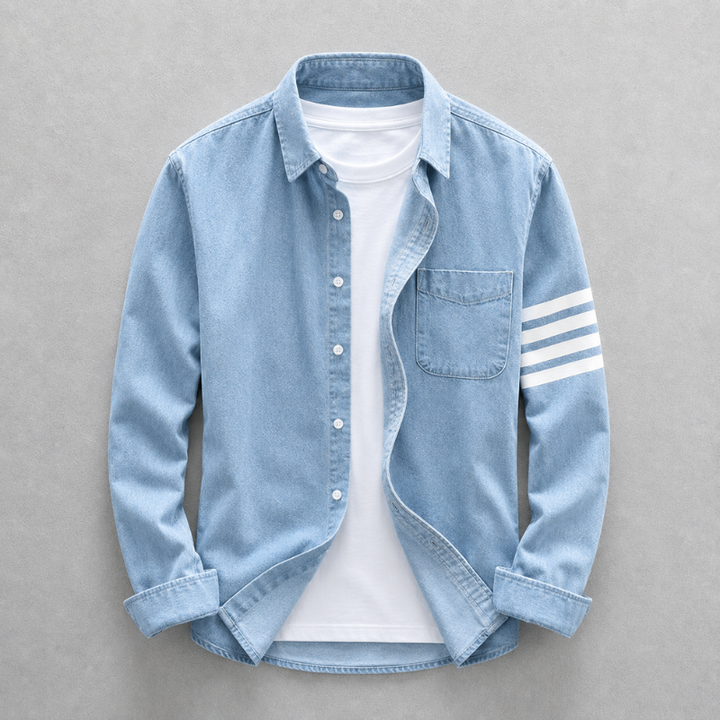 Men's washed blue denim shirt in a tailored fit, front view