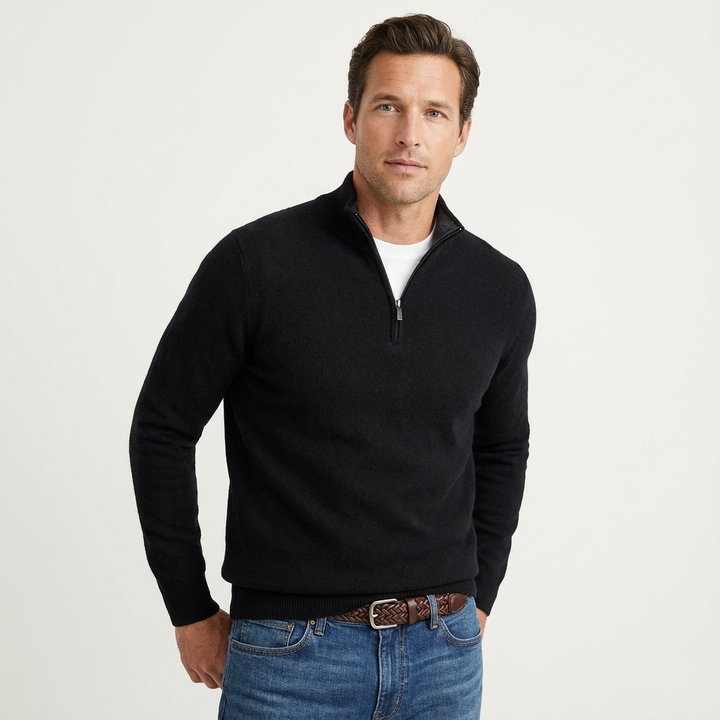 Close-up of the quarter zip fastening on a men's knit jumper