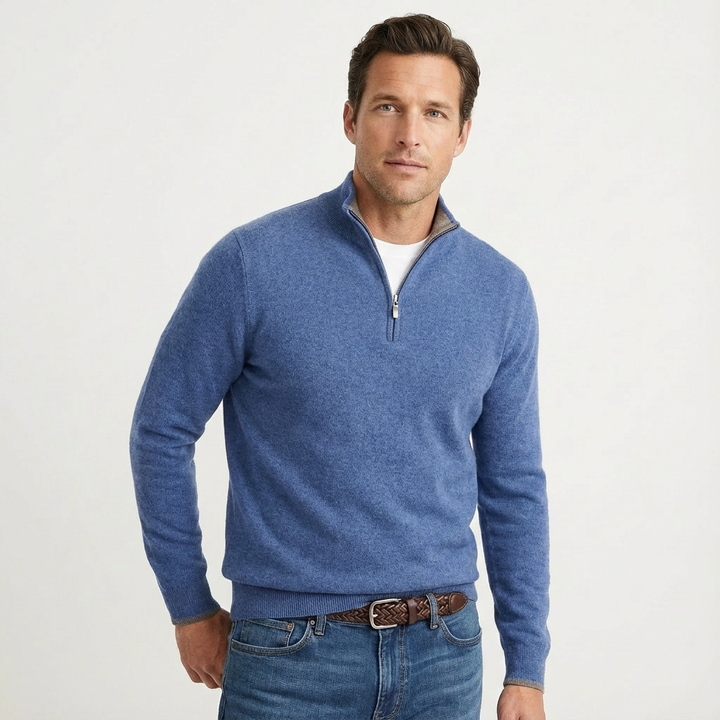 Men's quarter zip knit jumper with stand collar, front view