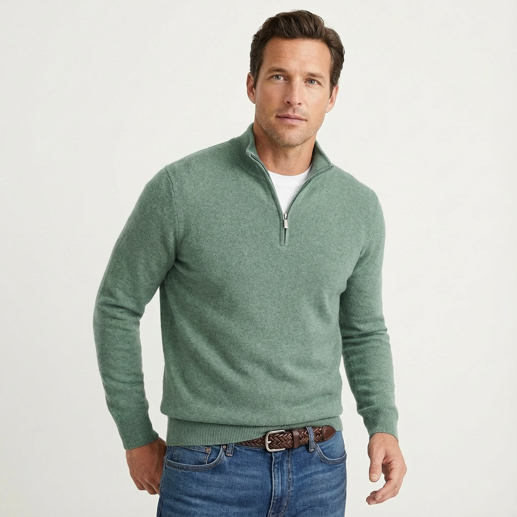 Men's quarter zip knit jumper styled for smart casual wear