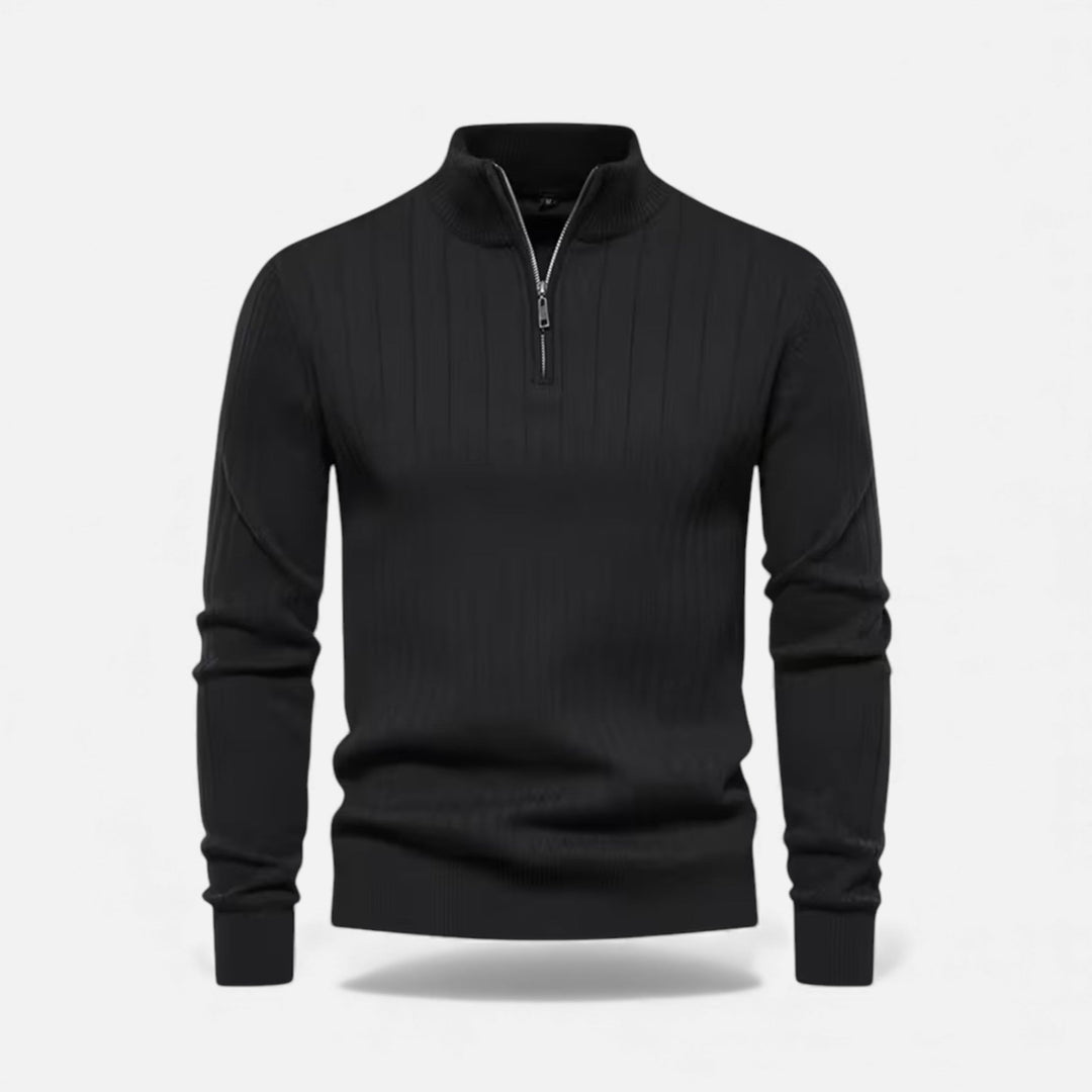 Men's zip-up longline knit cardigan shown from the front