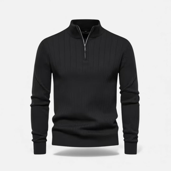 Men's zip-up longline knit cardigan shown from the front