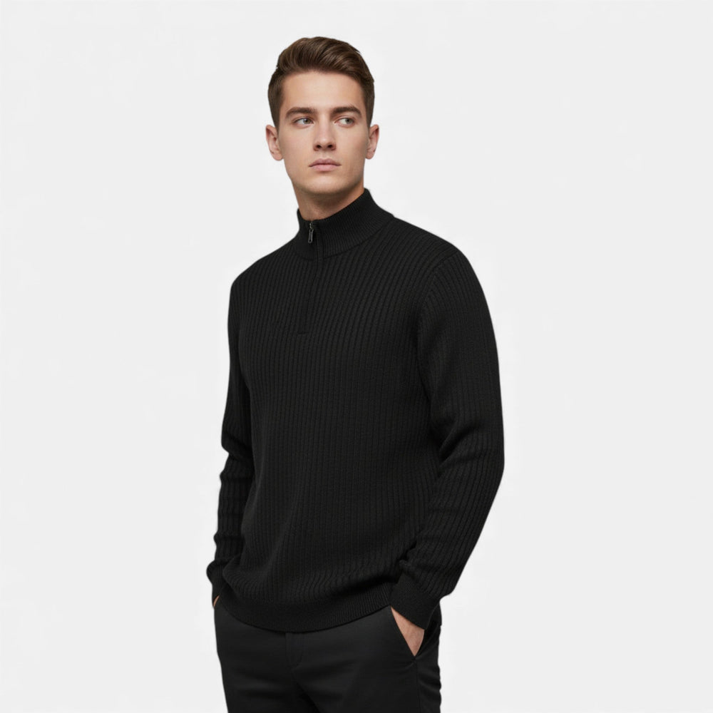 Men's longline cardigan displaying its full zip fastening