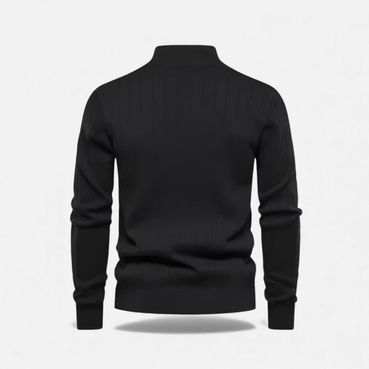 Side view of a men's longline knit cardigan