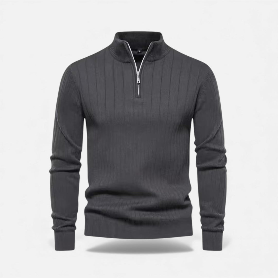 Back view of the men's zip-up knitted cardigan