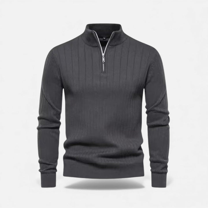 Back view of the men's zip-up knitted cardigan