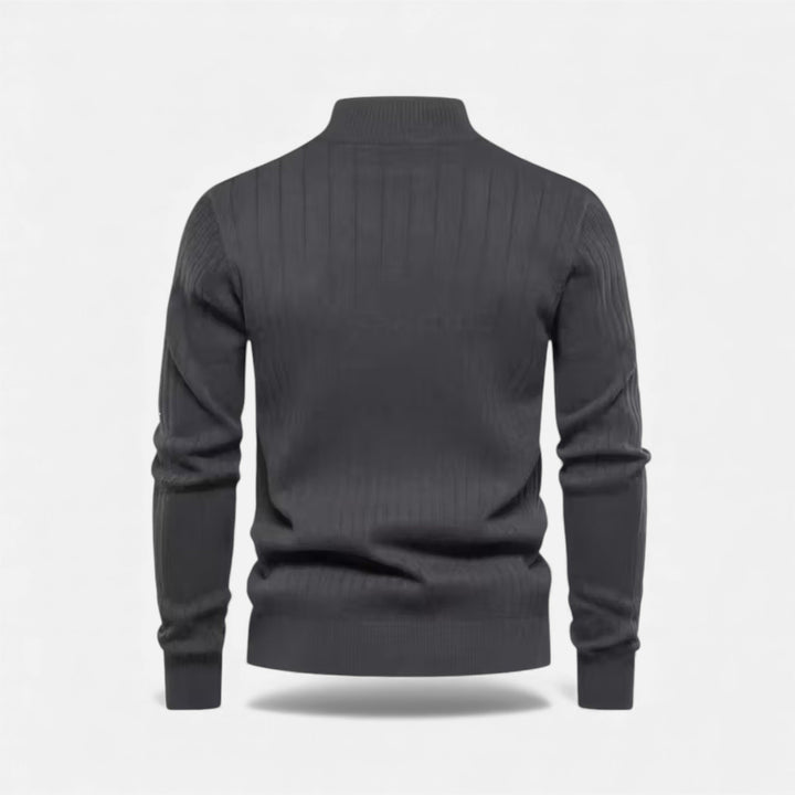 Men's cardigan showing its longline cut and fitted shape