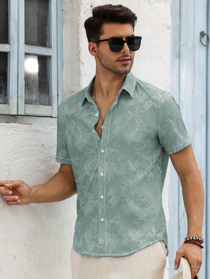 Men's Tropical Print Fitted Short-Sleeve Shirt Light Green
