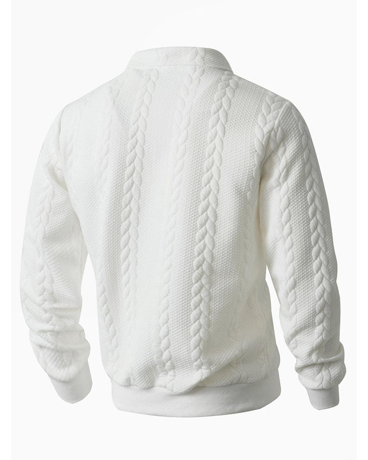 Close-up of the half-zip neckline on a men's cotton-blend hoodie