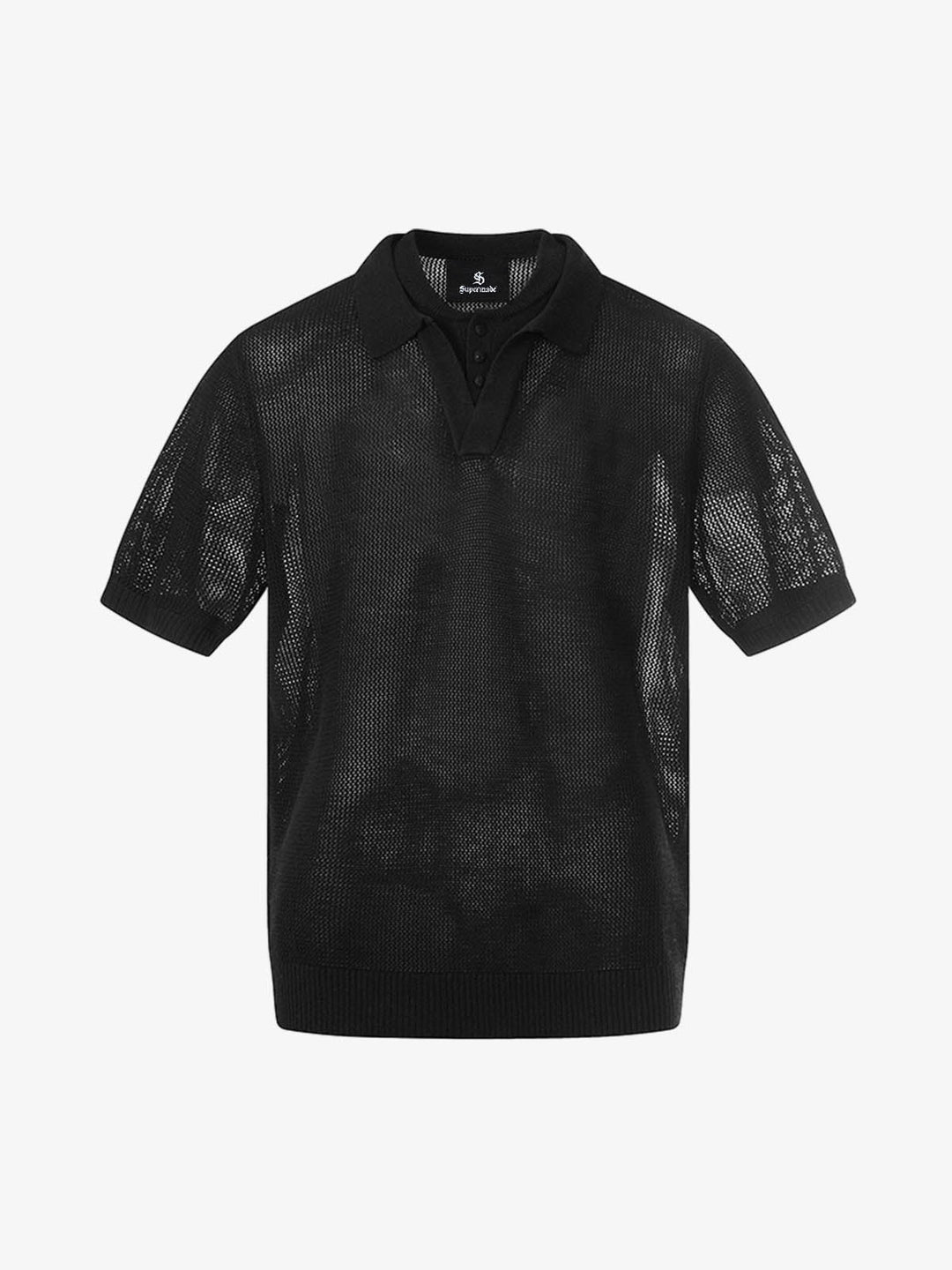 Layered Mesh Knit Hollow-Out Polo Shirt