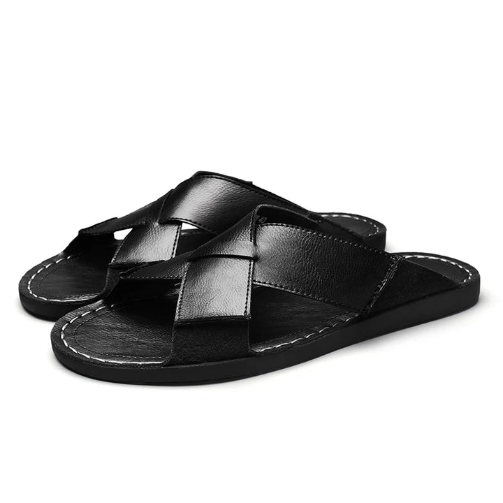 Men's Leather Open Toe Home Slippers Plus Size Black Brown
