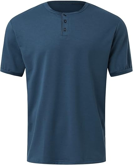 Men's Slim Fit Crew Neck Henley Shirt Cotton Blend Navy Blue