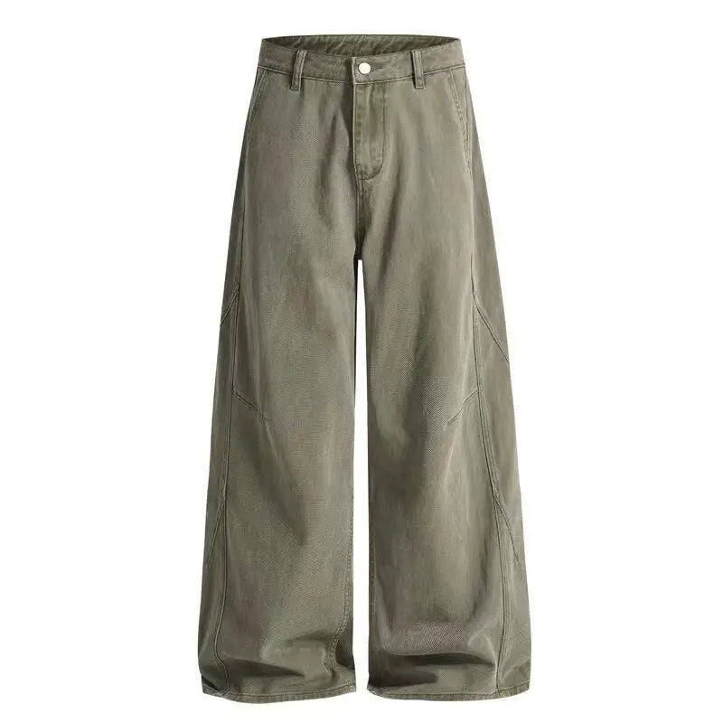Men's Retro Curved Knife Wide-Leg Denim Pants Khaki Brown