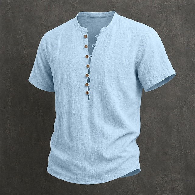 Men's Linen Short Sleeve Band Collar Shirt