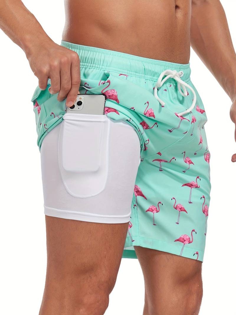 Men's swim shorts with flamingo print shown on model from the front