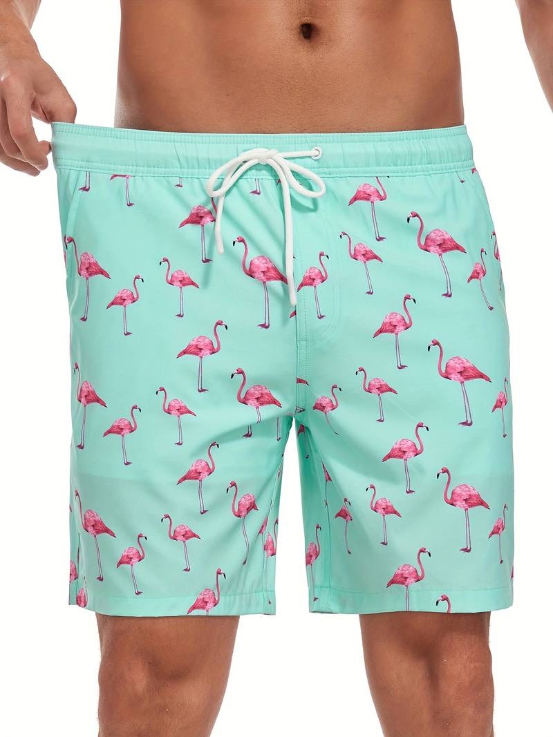 Men's flamingo print swim shorts in a relaxed fit, rear view