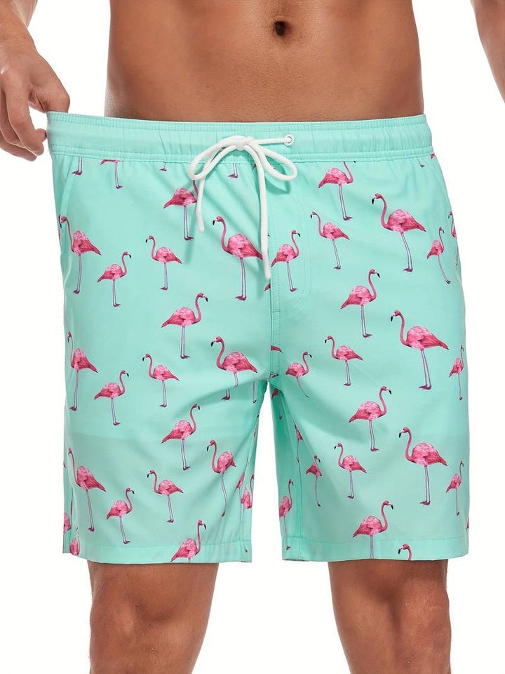 Men's flamingo print swim shorts in a relaxed fit, rear view