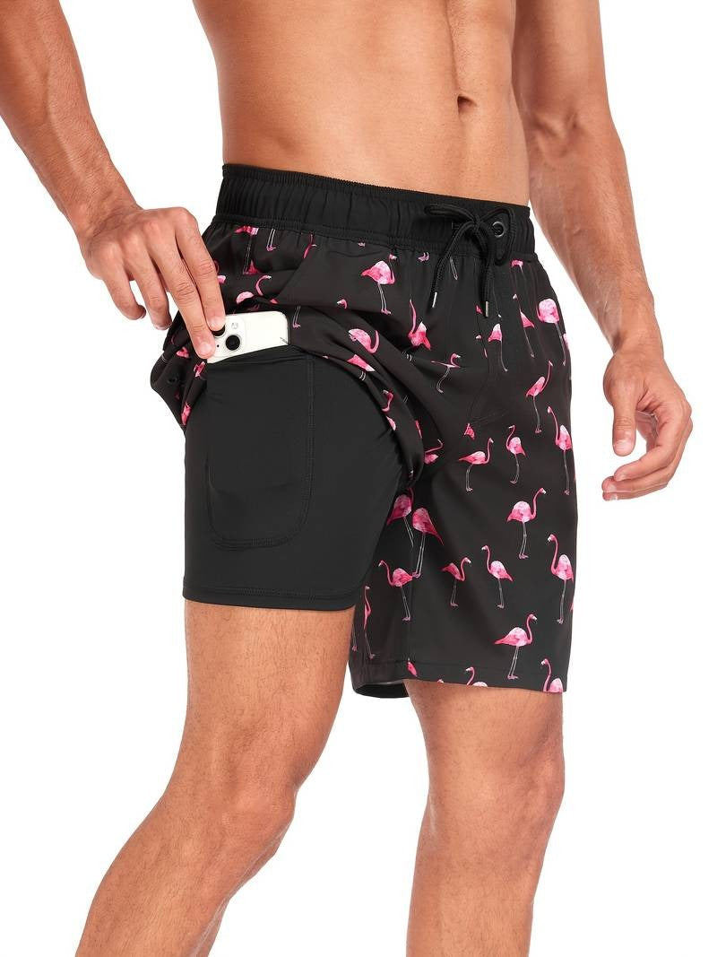 Men's Flamingo Print Swim Shorts Relaxed Fit