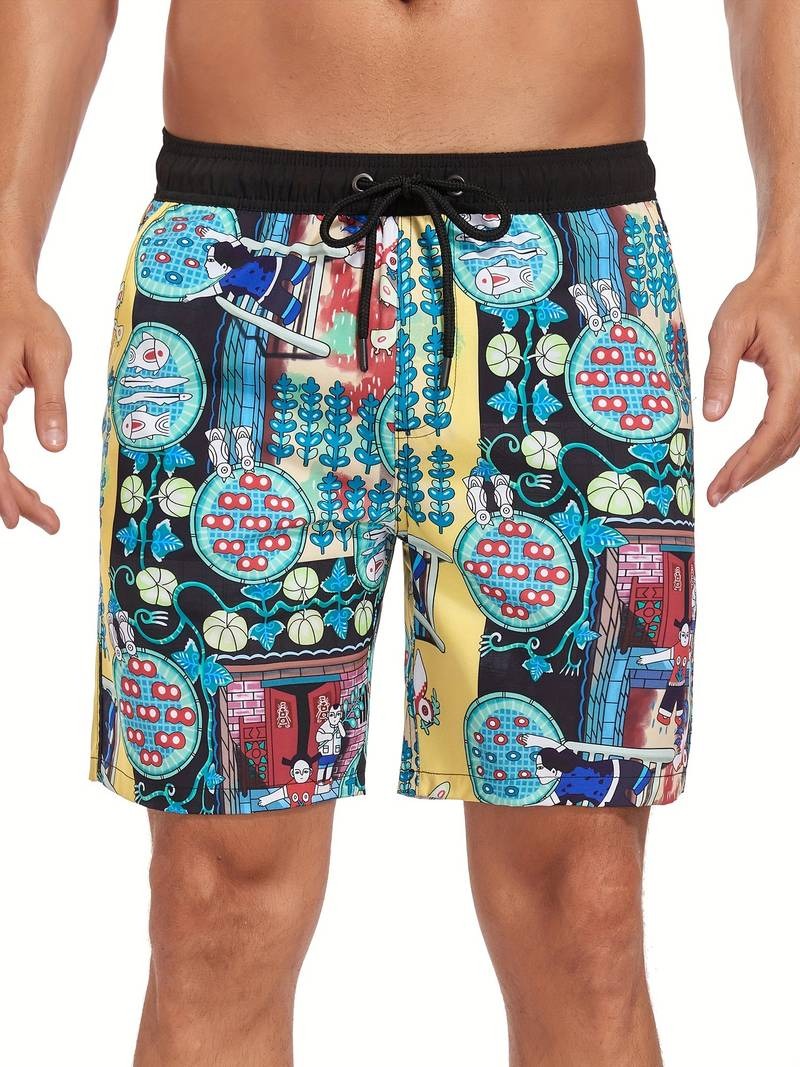 Side view of men's relaxed fit flamingo print swim shorts