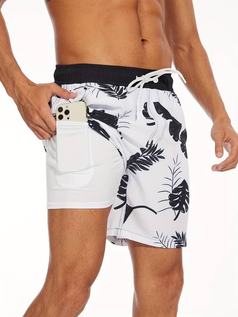 Men's swim shorts with flamingo print shown on model from the back