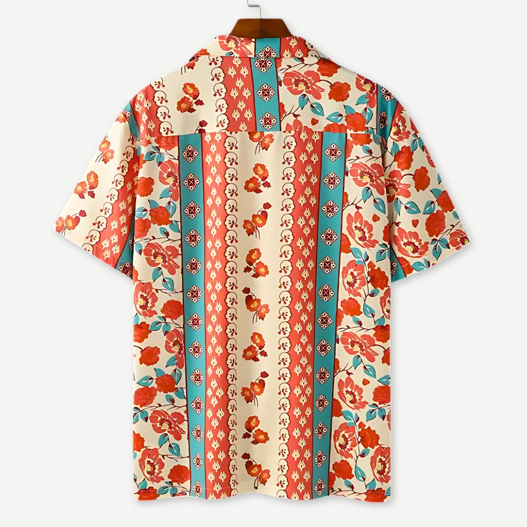 Front view of men's short sleeve floral camp shirt with button-up front