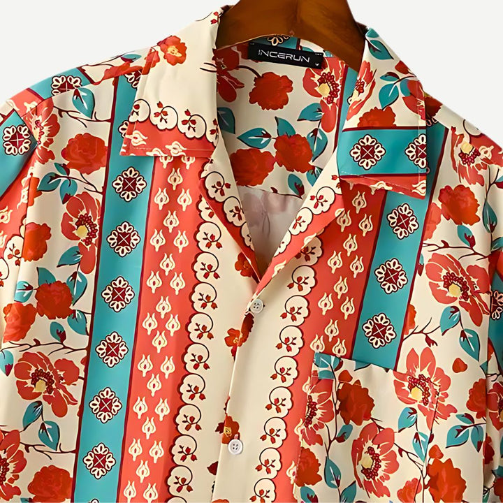 Back view of men's retro floral print shirt with relaxed holiday fit