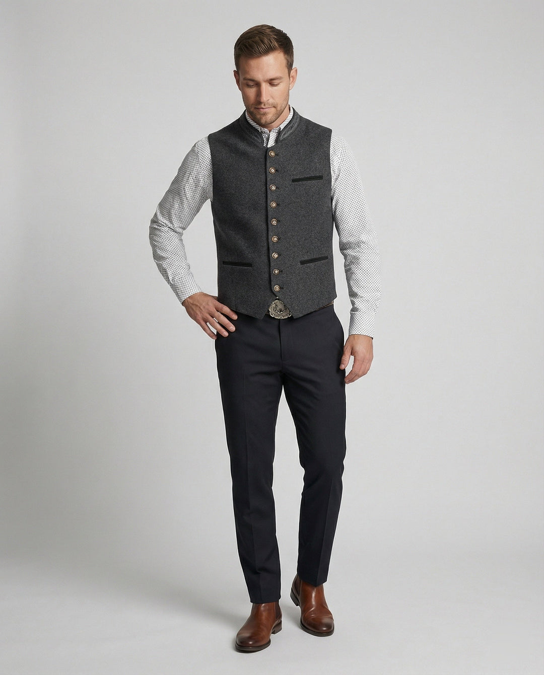 Close-up of the stand collar and front fastening on a men's gilet
