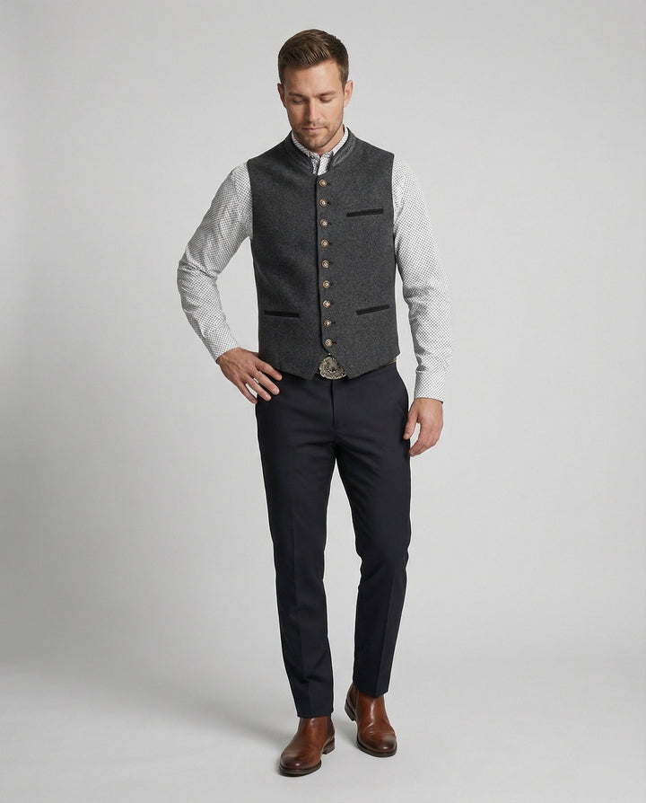 Close-up of the stand collar and front fastening on a men's gilet