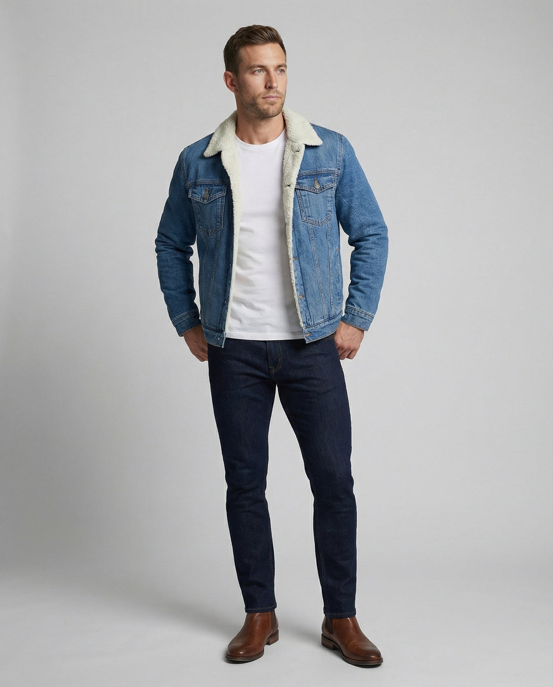 Men's lined denim jacket in a classic fit, shown from the front