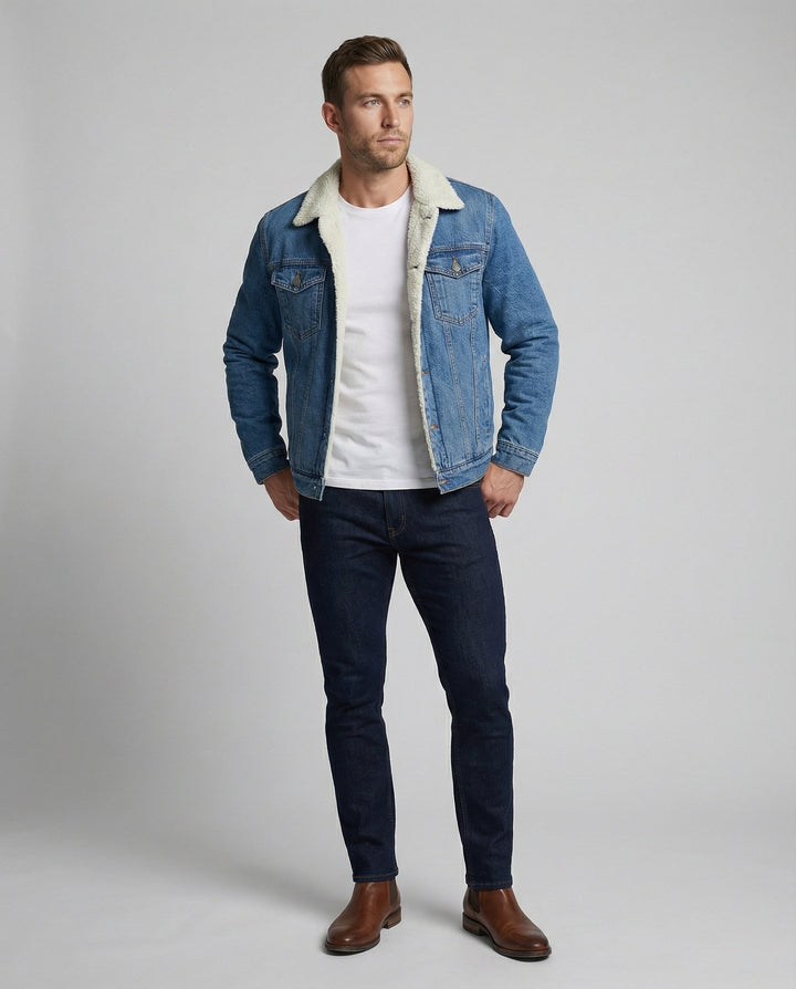Men's lined denim jacket in a classic fit, shown from the front